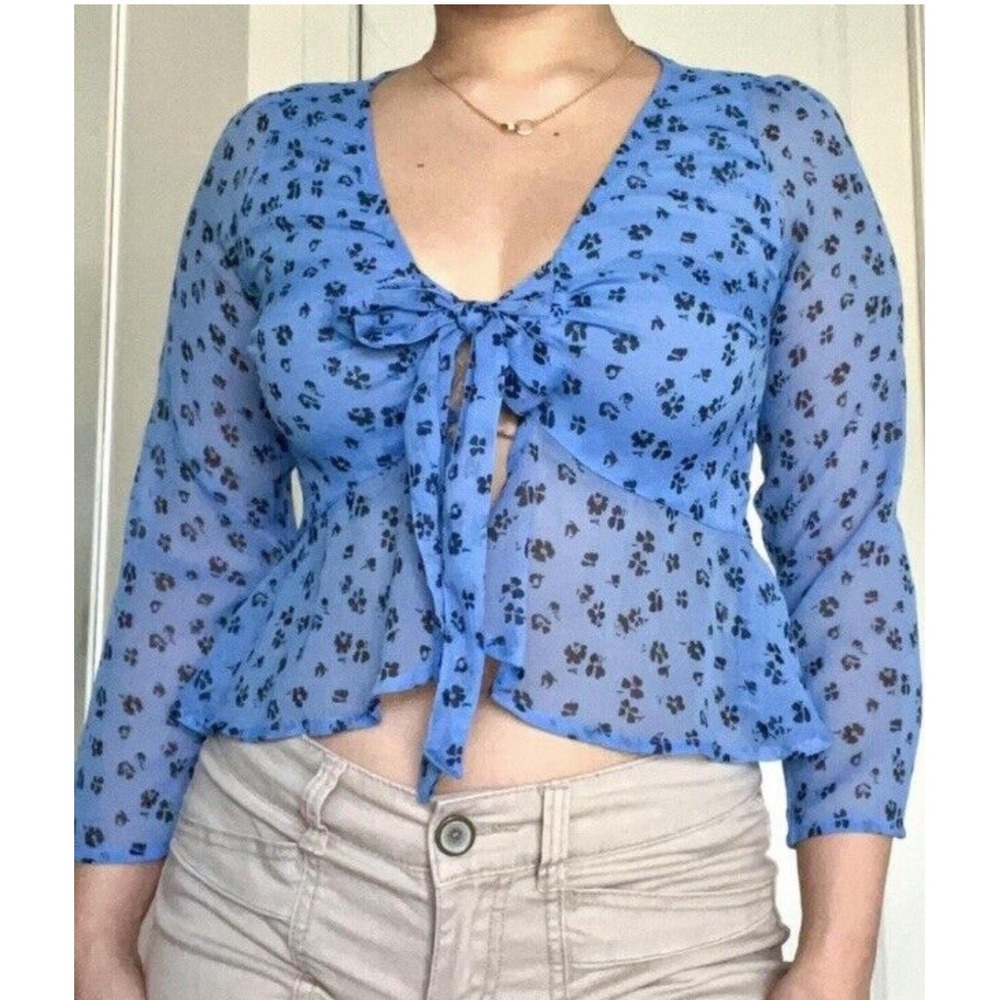 Abercrombie & Fitch Top Babydoll S Y2K Crop Blouse Floral Ruffled 3/4 Sleeve